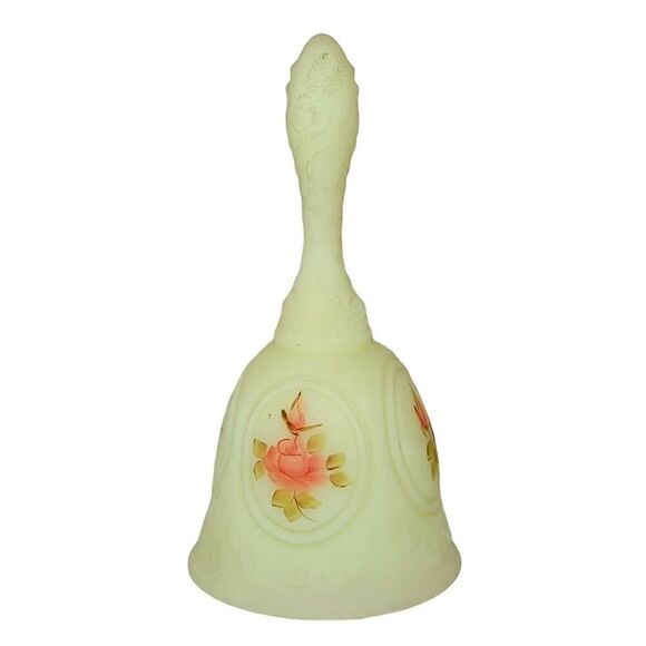 Fenton Glass Custard Medallion Bell with Hand Painted Orange Roses - Picture 3 of 11